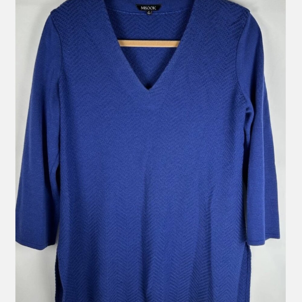 Misook Blue Textured Oversized Pullover Tunic Sweater Sz S V Neck
